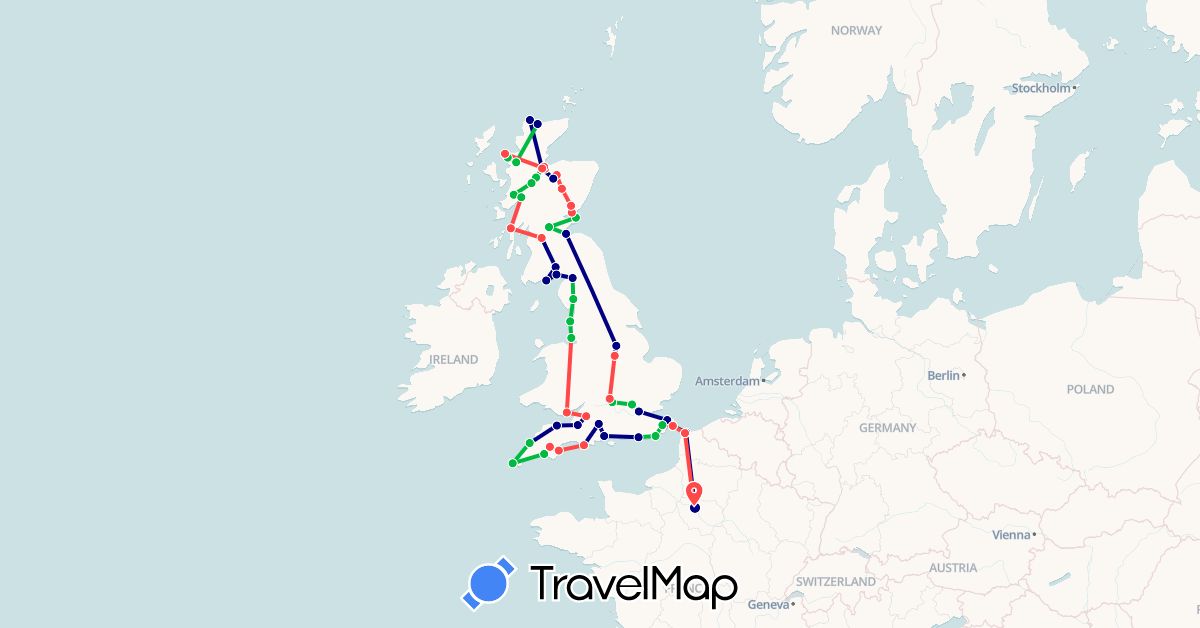 TravelMap itinerary: driving, bus, hiking in France, United Kingdom (Europe)