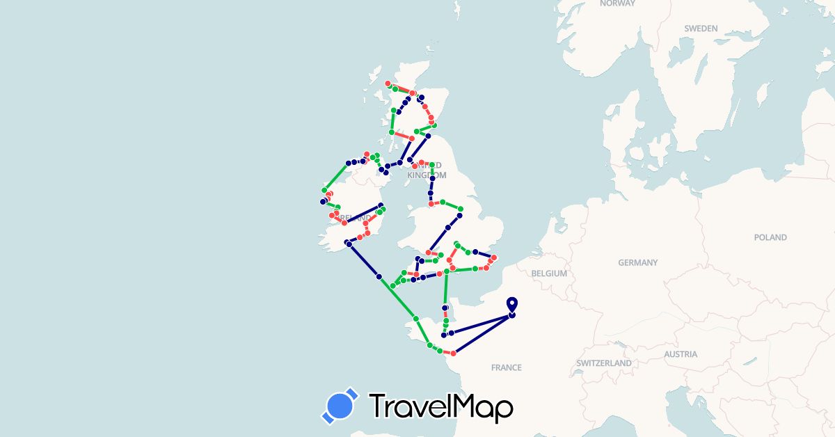 TravelMap itinerary: driving, bus, hiking in France, United Kingdom, Ireland, Jersey (Europe)