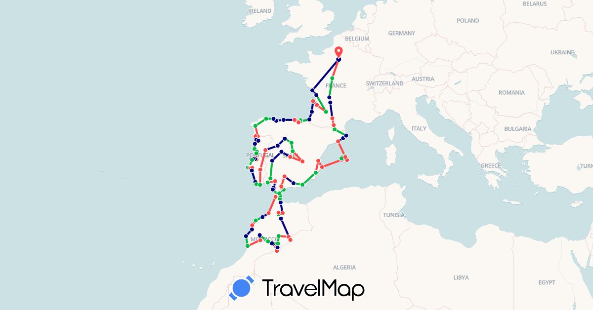 TravelMap itinerary: driving, bus, hiking in Spain, France, Morocco, Portugal (Africa, Europe)