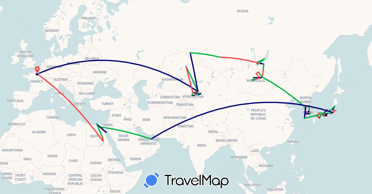 TravelMap itinerary: driving, bus, hiking in United Arab Emirates, Egypt, France, Japan, Kyrgyzstan, South Korea, Kazakhstan, Mongolia, Russia (Africa, Asia, Europe)