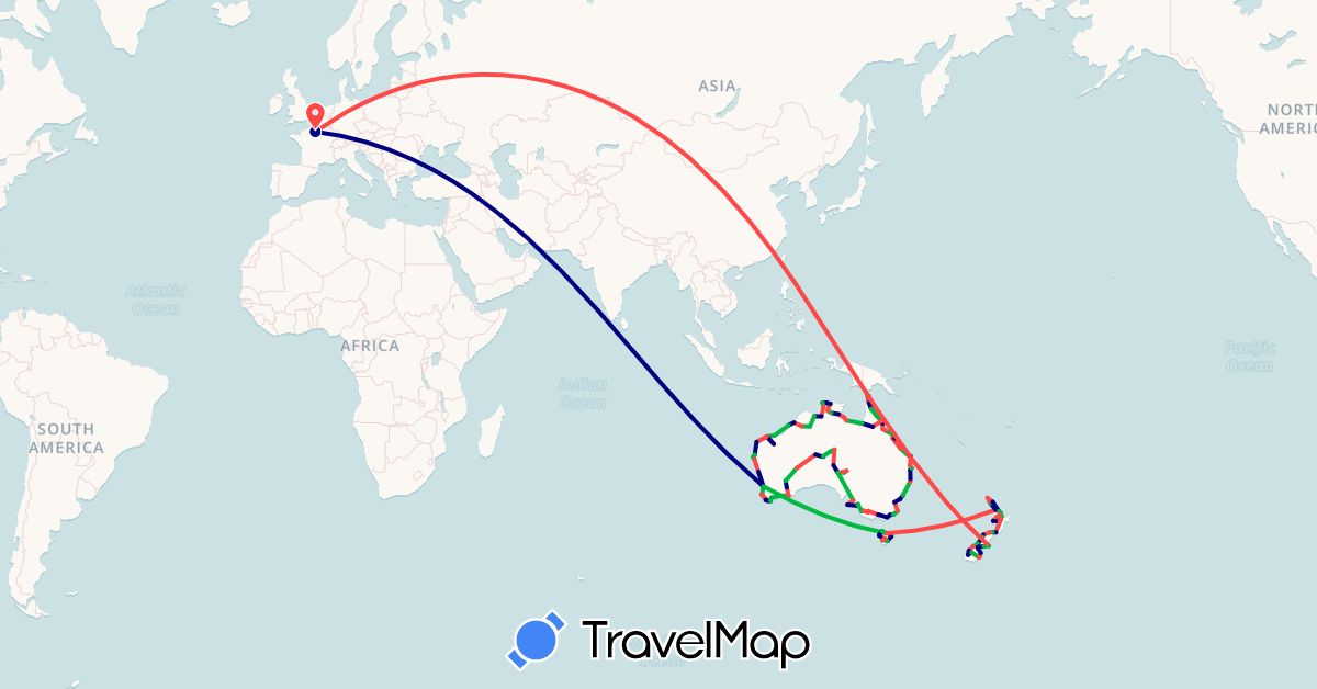 TravelMap itinerary: driving, bus, hiking in Australia, France, New Zealand (Europe, Oceania)