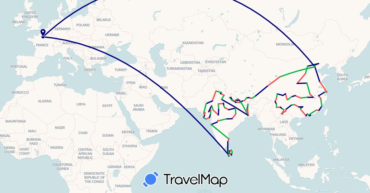 TravelMap itinerary: driving, bus, hiking in China, France, India, Sri Lanka, Nepal (Asia, Europe)