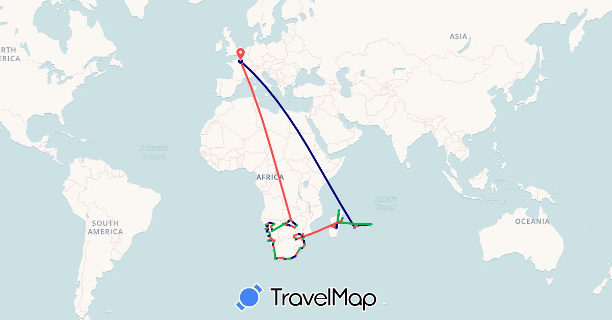TravelMap itinerary: driving, bus, hiking in Botswana, France, Madagascar, Mauritius, Namibia, Swaziland, South Africa, Zambia, Zimbabwe (Africa, Europe)