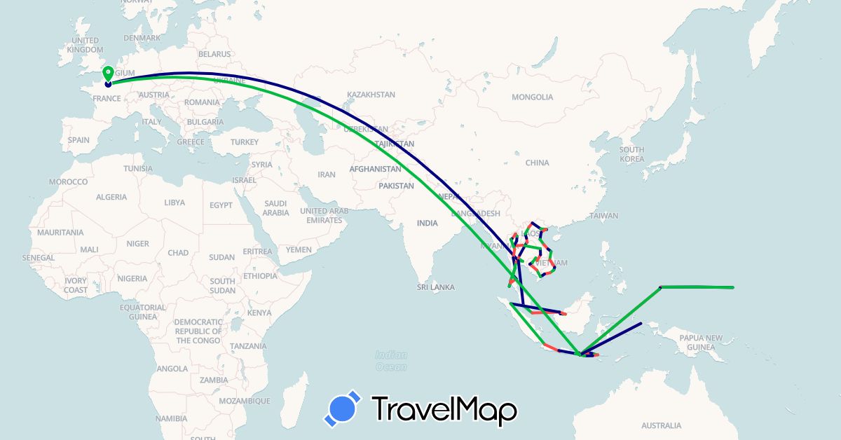 TravelMap itinerary: driving, bus, hiking in Micronesia, France, Indonesia, Cambodia, Laos, Malaysia, Palau, Singapore, Thailand, Vietnam (Asia, Europe, Oceania)