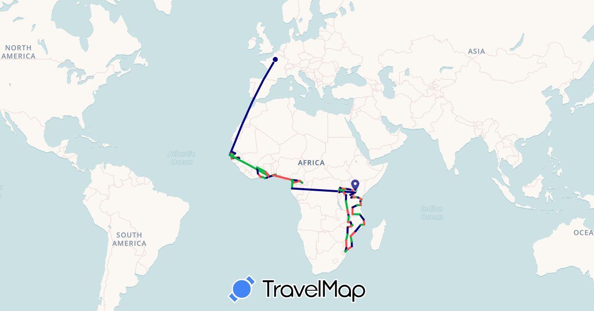TravelMap itinerary: driving, bus, hiking in Benin, Côte d'Ivoire, Cameroon, France, Gabon, Ghana, Gambia, Kenya, Malawi, Mozambique, Senegal, Togo, Tanzania, Uganda (Africa, Europe)