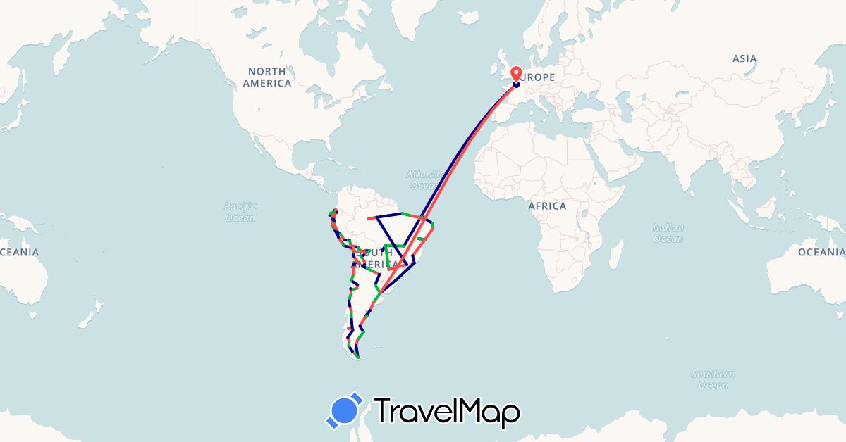 TravelMap itinerary: driving, bus, hiking in Argentina, Bolivia, Brazil, Chile, Ecuador, France, Peru (Europe, South America)