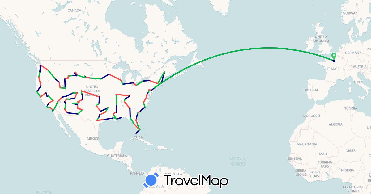 TravelMap itinerary: driving, bus, hiking in France, United States (Europe, North America)