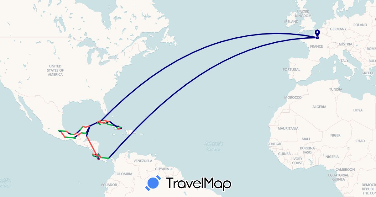 TravelMap itinerary: driving, bus, hiking in Belize, Costa Rica, Cuba, France, Mexico, Panama (Europe, North America)