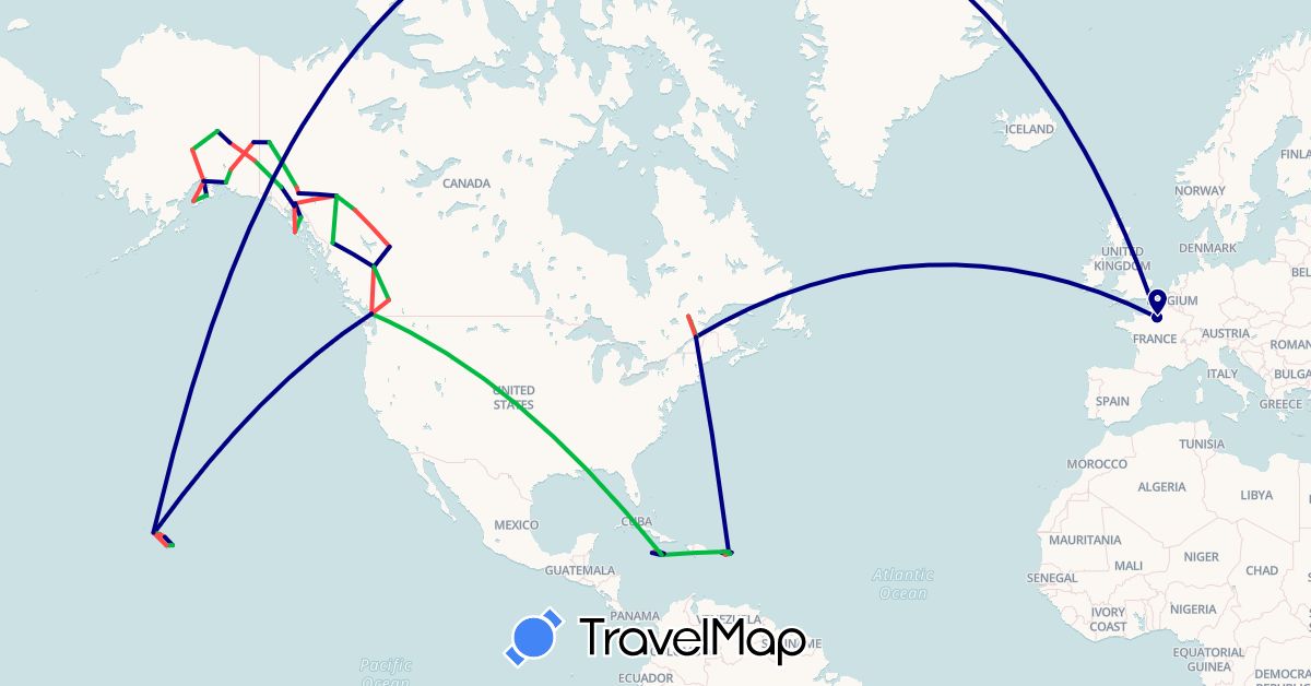 TravelMap itinerary: driving, bus, hiking in Canada, France, Jamaica, United States (Europe, North America)