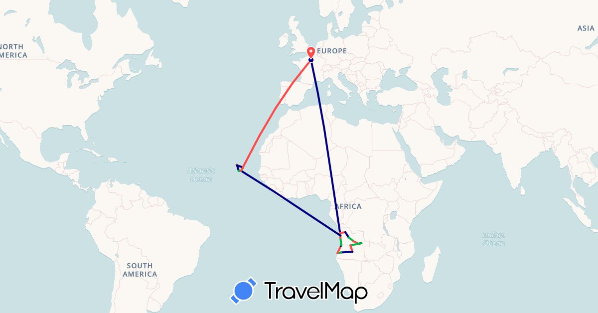 TravelMap itinerary: driving, bus, hiking in Angola, Cape Verde, France (Africa, Europe)