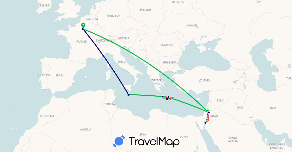 TravelMap itinerary: driving, bus, hiking in France, Greece, Jordan, Malta (Asia, Europe)