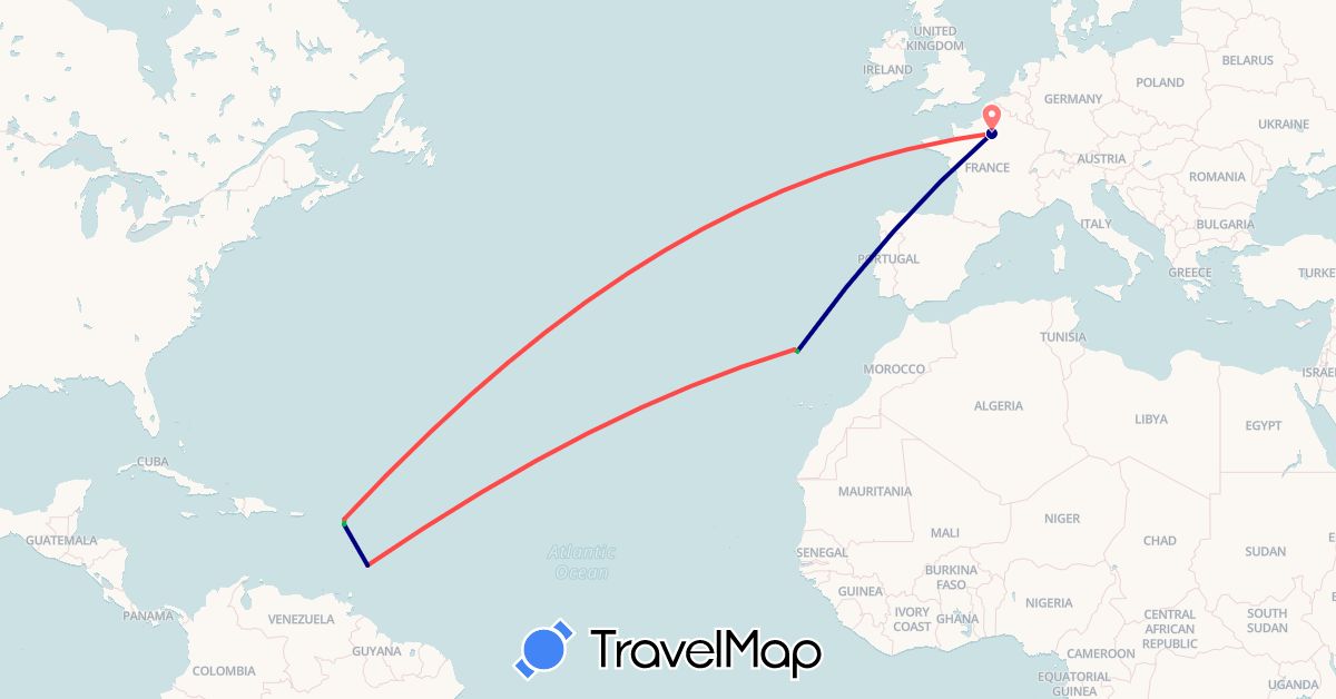 TravelMap itinerary: driving, bus, hiking in Antigua and Barbuda, Barbados, France, Portugal (Europe, North America)