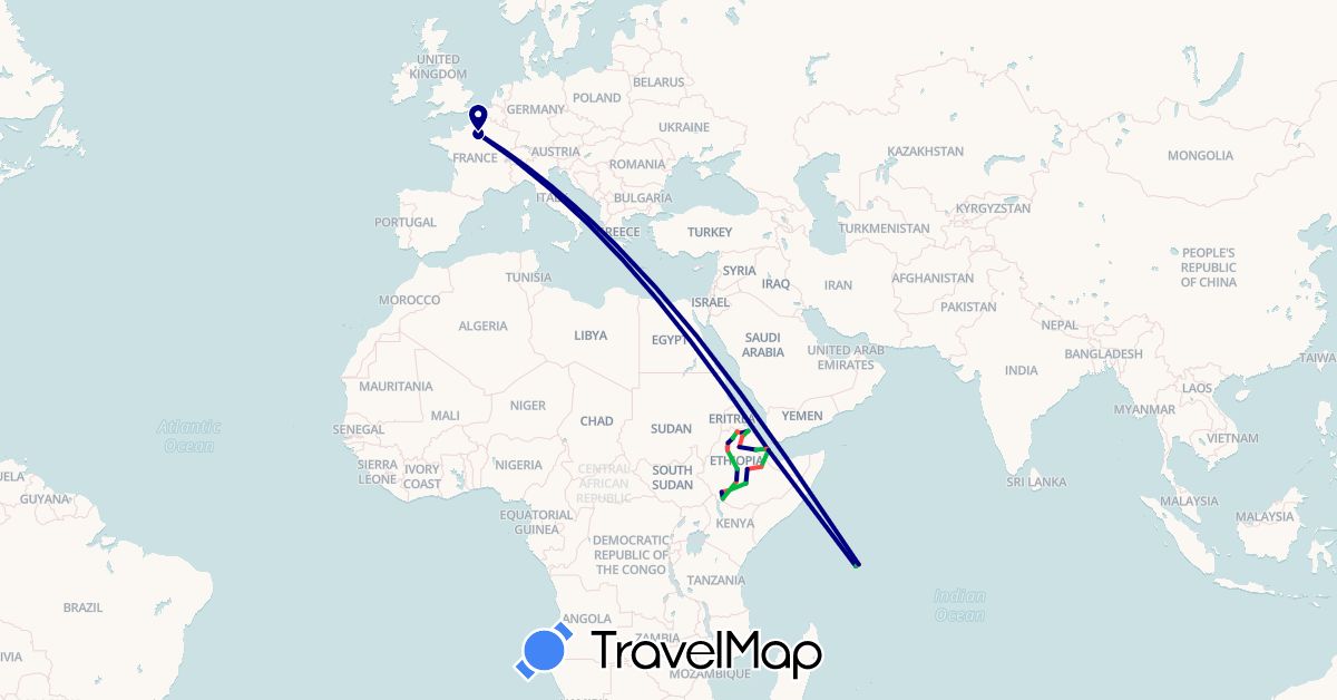 TravelMap itinerary: driving, bus, hiking in Djibouti, Ethiopia, France, Seychelles (Africa, Europe)
