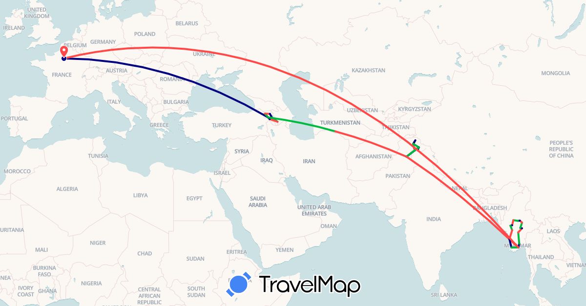 TravelMap itinerary: driving, bus, hiking in Armenia, France, Myanmar (Burma), Pakistan, Turkmenistan (Asia, Europe)