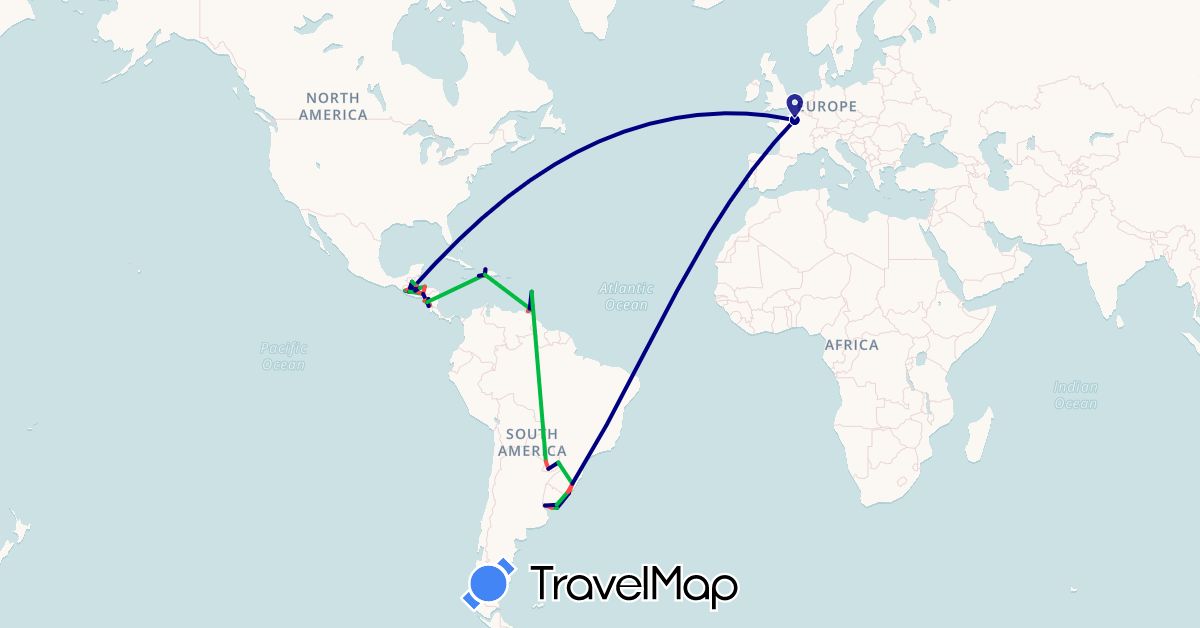 TravelMap itinerary: driving, bus, hiking in Brazil, France, Guatemala, Honduras, Haiti, Nicaragua, Paraguay, Trinidad and Tobago, Uruguay (Europe, North America, South America)