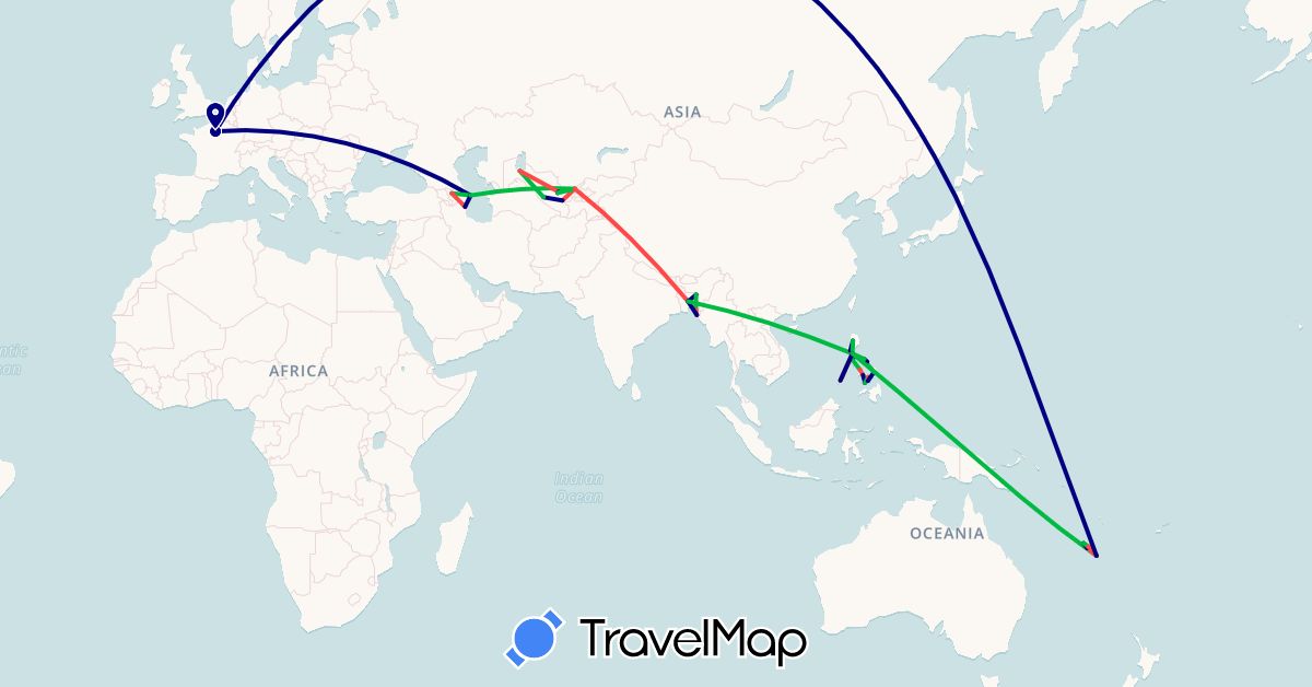 TravelMap itinerary: driving, bus, hiking in Azerbaijan, Bangladesh, France, New Caledonia, Philippines, Uzbekistan (Asia, Europe, Oceania)