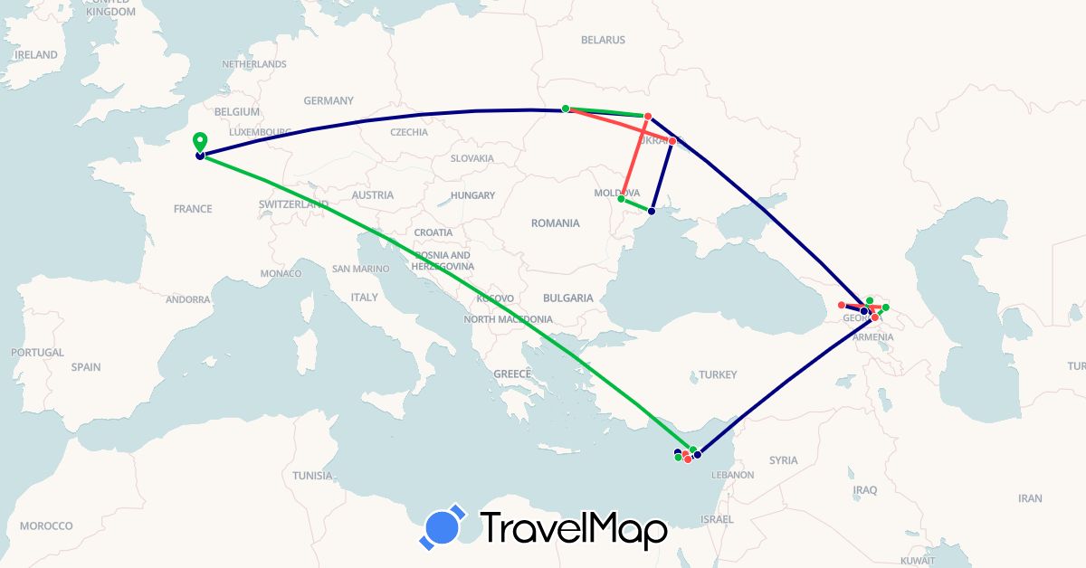 TravelMap itinerary: driving, bus, hiking in Cyprus, France, Georgia, Moldova, Ukraine (Asia, Europe)
