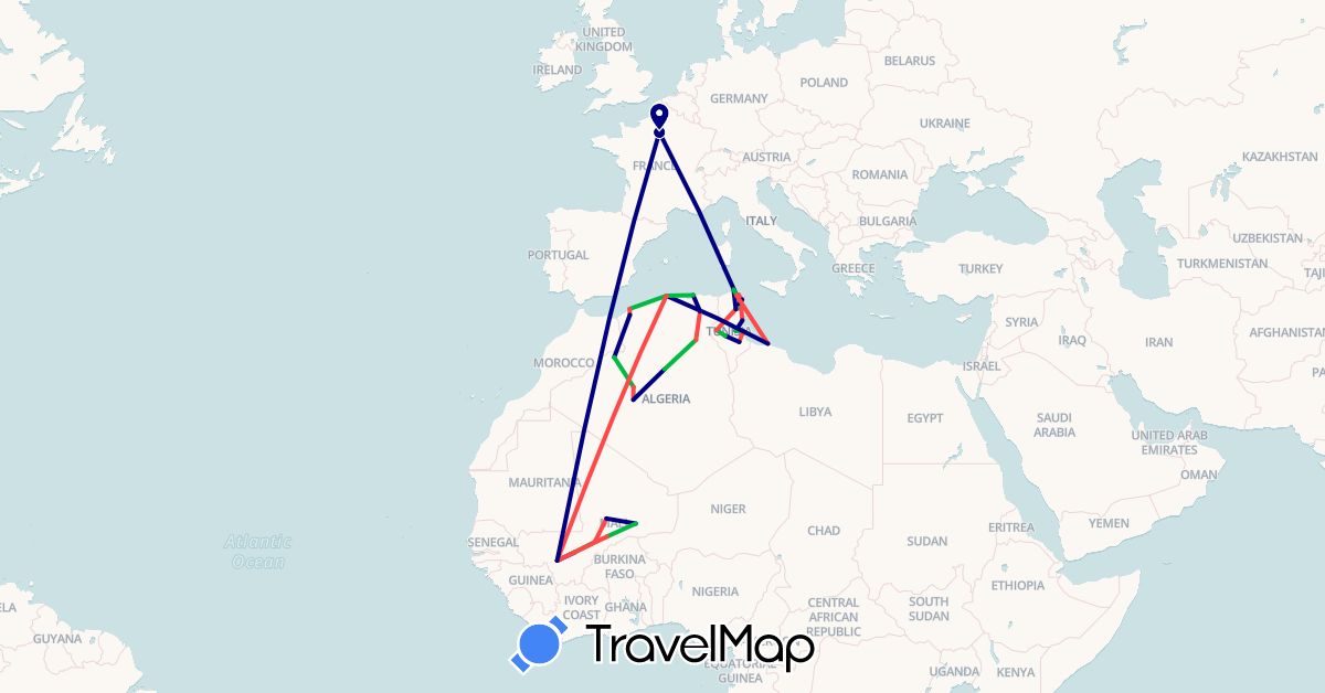 TravelMap itinerary: driving, bus, hiking in Algeria, France, Libya, Mali, Tunisia (Africa, Europe)